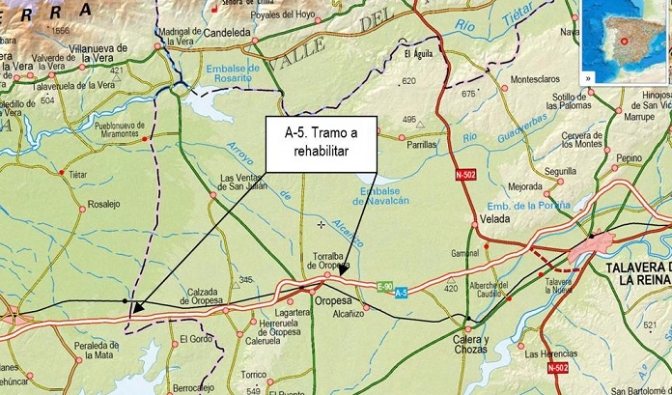 Fomento licita una obra para la rehabilitación del firme de la autovía A-5, en Toledo