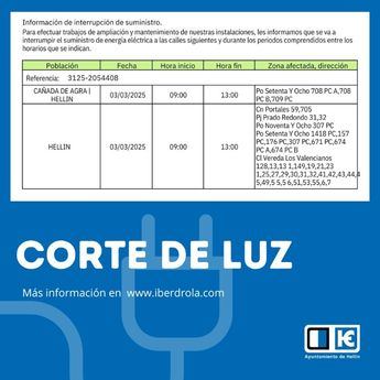 Interrupciones del suministro eléctrico en Cañada de Agra y Hellín el 3 de marzo